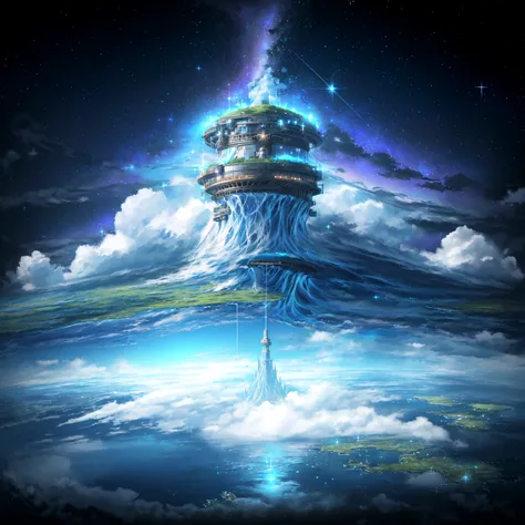 masterpiece, best quality, landscape, no humans, from above, over cloud  sea,oil painting (medium) fake sky,(multiple fake stars falling from  sky),floating star shape falling down,broken ground,(There is a kingdom  on an island that floats in the air with...