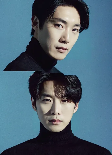 asian man,close-up portrait,direct gaze,dark hair,black turtleneck,shadow on face,neutral expression,studio lighting,blue backgr...