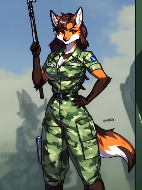 anthro, solo, female, maned_wolf , anthro, gloves_(marking), military uniform,   <lora:lastMirandav2:0.4>,  <lora:fluffyrock-quality-tags-v4.rc11.5:0.4>, holding weapon, 
miranda_(naythf),
by gm300 , by spuydjeks  brazil flag, 
(((masterpiece))),(((best qu...