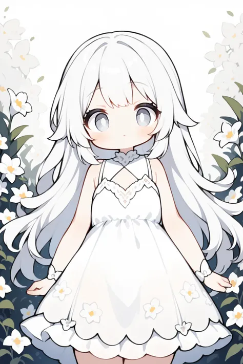 1girl, white hair, long hair, white eye, (many white flower:1.2), front view, cute style, white dress