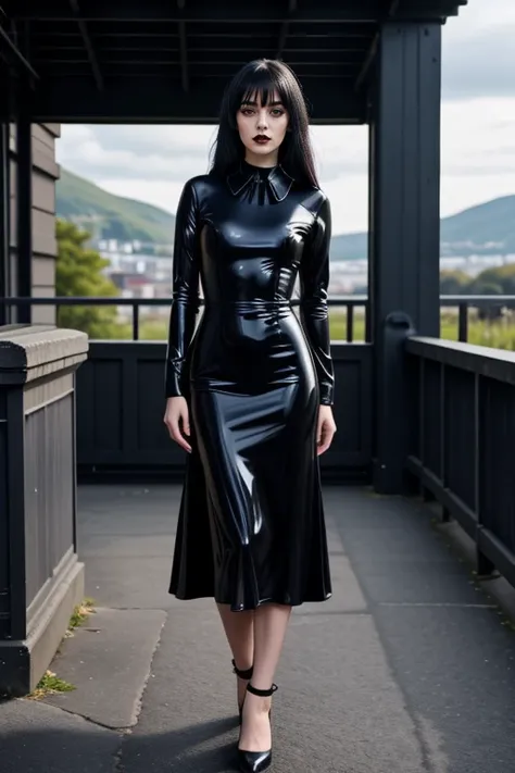 realistic, masterpiece, high detailed skin, looking at viewer, full body shot, scenic view, long hair, black hair
<lora:Latex_Gothic_Long_Dress_By_Stable_Yogi:1> latex pattern, long sleeves, black dress, long gothic dress