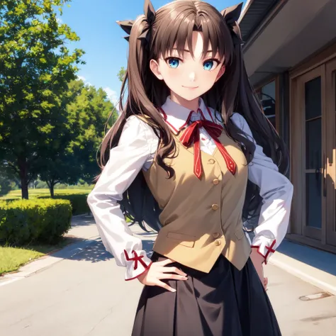 1girl, solo, long hair, homurahara academy school uniform, skirt, tohsaka rin, blue eyes, ribbon, looking at viewer, hand on hip, smile, school uniform, black skirt, white shirt, shirt, neck ribbon, long sleeves, outdoors, rin_tohsaka,