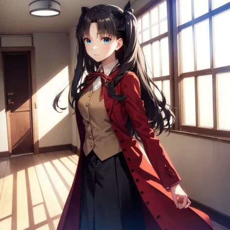 a girl in a red coat, 1girl, tohsaka rin, long hair, solo, blue eyes, homurahara academy school uniform, skirt, black hair, school uniform, ribbon, black skirt, two side up, indoors, room background,