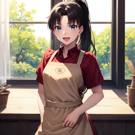 the young girl is wearing aprons and standing, 1girl, solo, apron, window, blue eyes, smile, long hair, looking at viewer, black hair, indoors, shirt, open mouth, ponytail, short sleeves, bangs, red shirt, :d, collared shirt, tohsaka ri,tohsaka rin