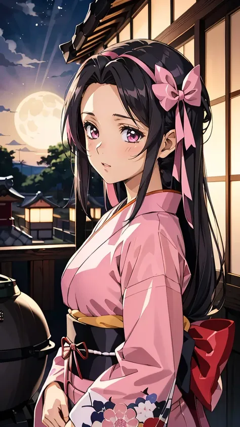 (masterpiece, best quality, highres:1.2), (intricate and beautiful:1.2), (detailed light:1.2), (colorful, dynamic angle), upper body shot, fashion photography of cute young Kamado Nezuko, pink eyes, very long black hair, multicolored hair, hair ribbon, pin...