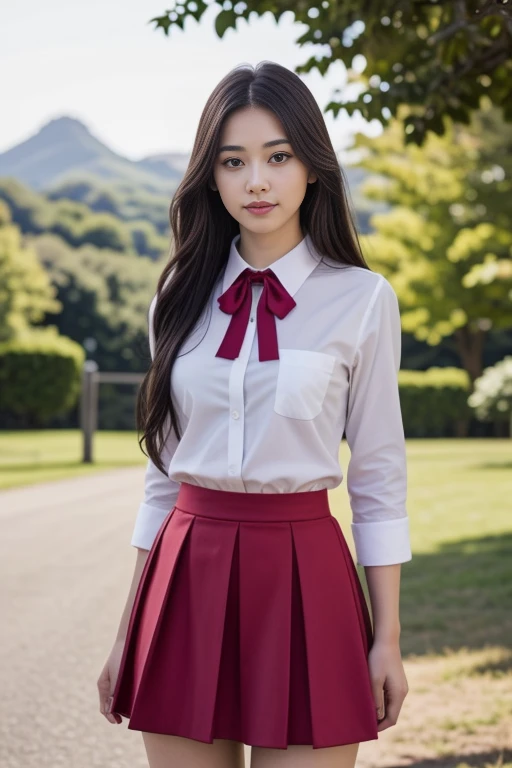 1 woman, 22yo, realistic, masterpiece, high detailed skin, looking at viewer, full body shot, scenic view, long hair, black hair
school uniform, stripped shirt, red skirt, red neck ribbon <lora:R&W_School_Dress_By_Stable_Yogi:1>