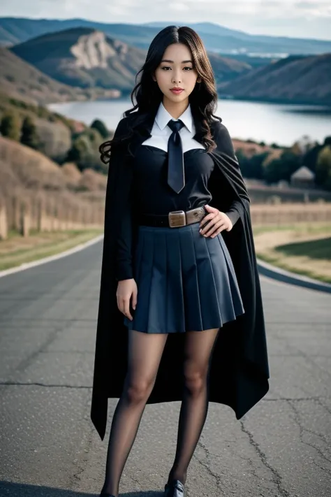 realistic, masterpiece, high detailed skin, looking at viewer, full body shot, scenic view, long hair, black hair
school uniform, long sleeves, black cape, black necktie, wing collar, shirt, belt, skirt, pantyhose, loafers <lora:Black_School_Dress_By_Stabl...