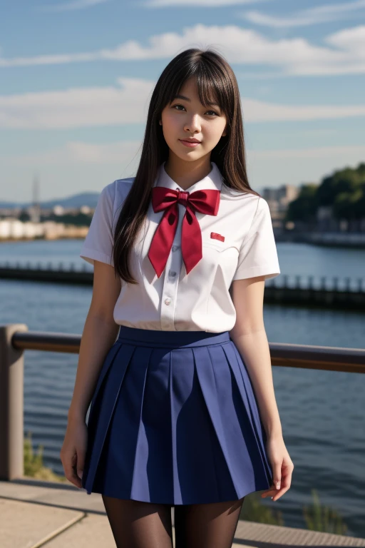 1 woman, 22yo, realistic, masterpiece, high detailed skin, looking at viewer, full body shot, scenic view, long hair, black hair
<lora:W&B_School_Dress_By_Stable_Yogi:1> school uniform, short sleeves, white shirt, blue skirt, red bowtie, pantyhose