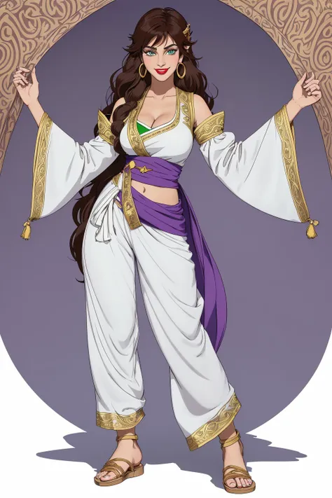 cartoon,flat colors,big breasts,ragged white shirt with patches over the sleeves,green vest, white harem pants with a purple sash, <lora:Sadira_Aladdin:0.7>,seductive smile,seductive pose,an image of sadira,sadira,portrait,cartoon,flat colors,messy brown h...