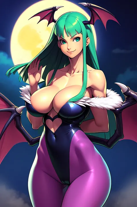 smile, 1girl, solo, night sky, full moon, thighs, cleavage, cowboy shot, morrigan aensland, long hair, green hair, bat wings, head wings, COSiNEStyle2010