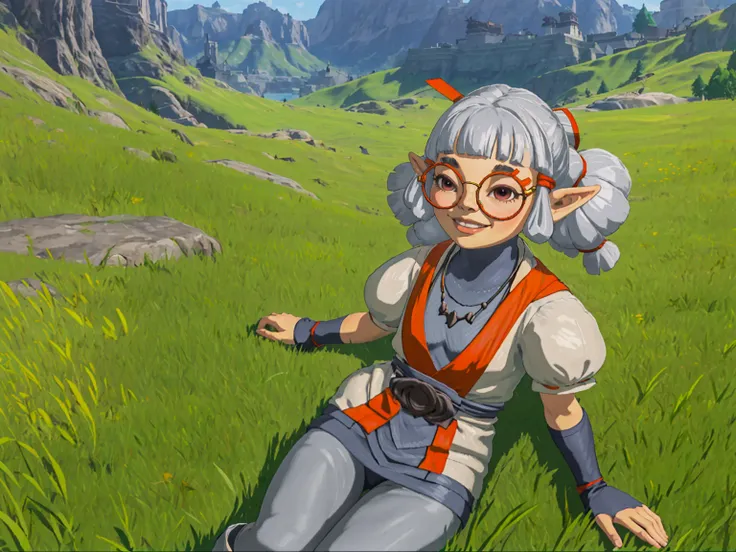 hyrule, scenery, josha, 1girl, silver hair, pointy ears, blunt bangs, red eyes, lying on grass, on back, looking at viewer, smile,
glasses,  red-framed eyewear, belt, gray tunic, gray pants,puffy sleeves, short sleeves, necklace
<lora:Josha_TotK:1>  <lora:...