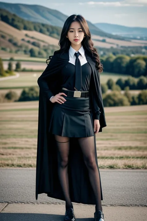 realistic, masterpiece, high detailed skin, looking at viewer, full body shot, scenic view, long hair, black hair
school uniform, long sleeves, black cape, black necktie, wing collar, shirt, belt, skirt, pantyhose, loafers <lora:Black_School_Dress_By_Stabl...