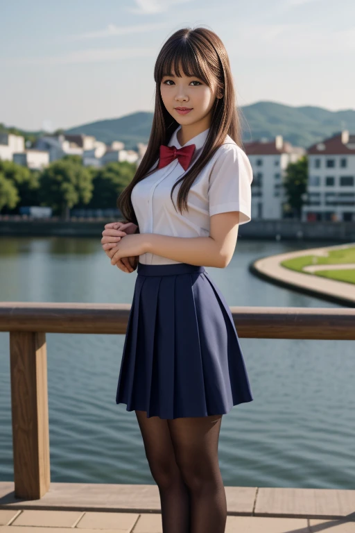 1 woman, 22yo, realistic, masterpiece, high detailed skin, looking at viewer, full body shot, scenic view, long hair, black hair
<lora:W&B_School_Dress_By_Stable_Yogi:1> school uniform, short sleeves, white shirt, blue skirt, red bowtie, pantyhose