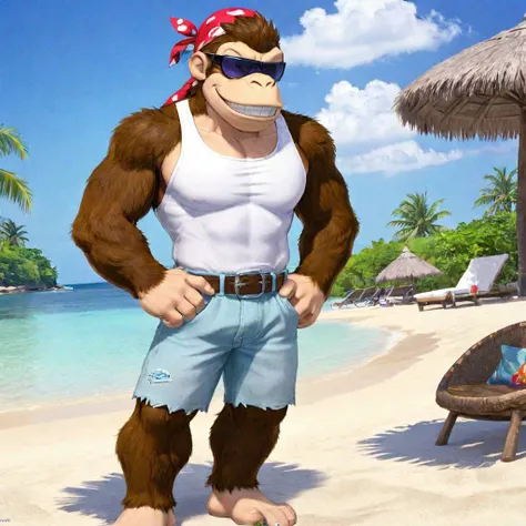 funky kong, solo, smile, detailed background, shirt, 1boy, standing, full body, white shirt, male focus, shorts, barefoot, teeth, belt, grin, muscular, sunglasses, tank top, furry, bandana, furry male, white tank top, leg hair, penis bulge, handsome pose, ...