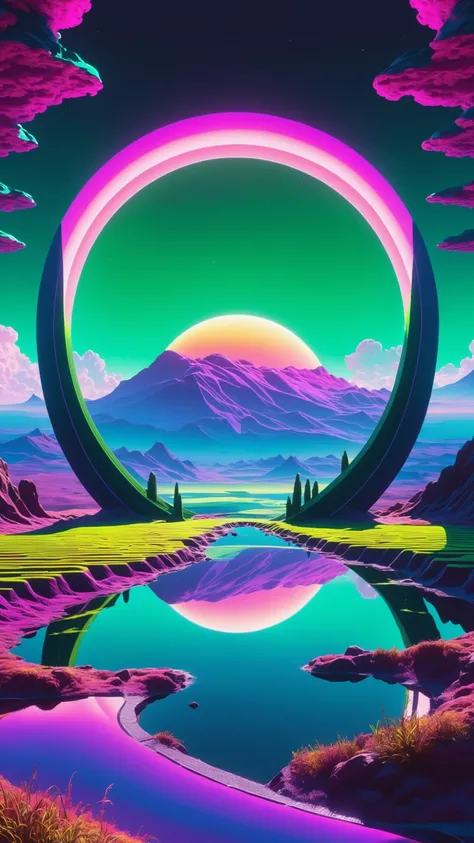 Super high definition, reflective pools, HDR, (Dark vaporwave color palette), eclipse, glowing archway, huge twisting vines, aerial view of rolling hills in bizarre alien landscape, Fibonacci, Enki, annunaki, monolith, megaliths with eyes, ufo, dna, cosmic...