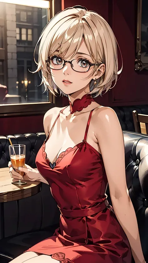 (masterpiece, best quality, highres:1.2), (detailed light:1.2), (soft lighting, side lighting, reflected light), (colorful, dynamic angle), photo of a young, nerd woman, short hair, slender, red lips, wearing glasses, wearing red dress, sitting in a lounge...