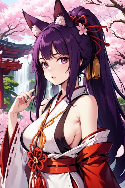 ke-ta, japanese garden, cherry blossoms, petals, 1girl, purple hair, high ponytail, hair ornament, animal ears, animal ear fluff, kimono, miko, bare shoulders, sideboob, tranquil gaze, <lyco:STYLE-Ke-Ta_v1.7:1>,