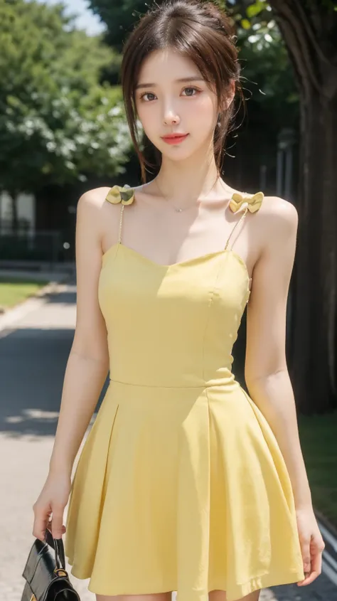 best quality,8K,solo,cute & girly,(1girl:1.3),(standing:1.3),(looking at viewer:1.4),(outdoors:1.3),Elegant,detailed gorgeous face,upper body,<lora:rc66:0.8>,rc,strap bow,(yellow dress:1.2),