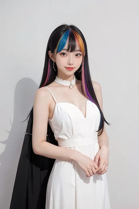 1girl, multi-colored hair with bangs, black formal long dress, white background, <lora:highsstn-02:1>