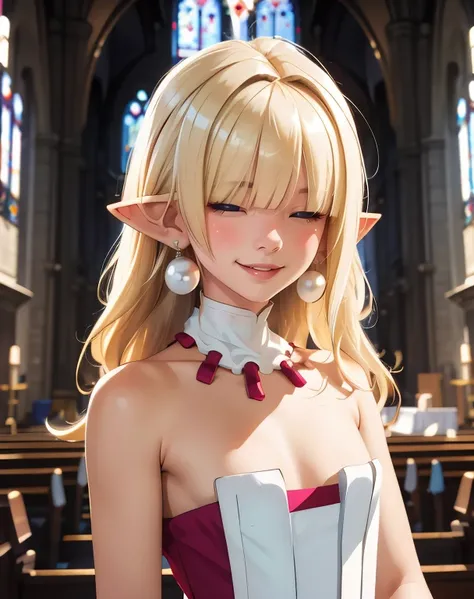 Clergy,pointy ears,hair over eyes,blonde hair,flat chest,smile,long hair,
bare shoulders,white strapless dress,pearl earrings, 
standing, upper body, 
church,underworld,
(insanely detailed, beautiful detailed face, masterpiece, best quality),solo,<lora:Cle...