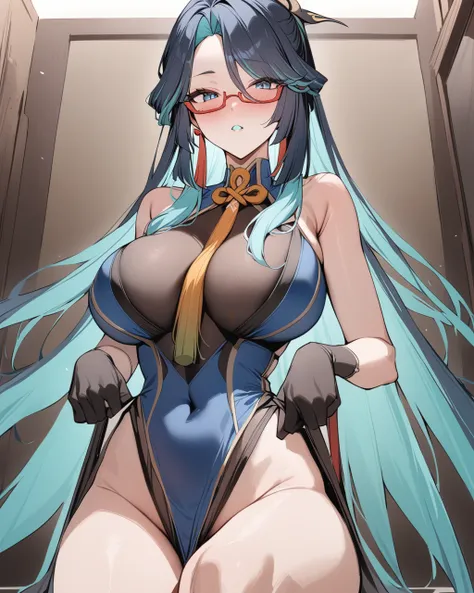 masterpiece, best quality,  <lora:liuyun:1>ï¼1girl, breasts, blue_eyes,  long_hair, black_hair,semi-rimless_eyewear, hair_ornament, covered_navel, red-framed_eyewear, blue_hair, multicolored_hair, bangs, chinese_clothes