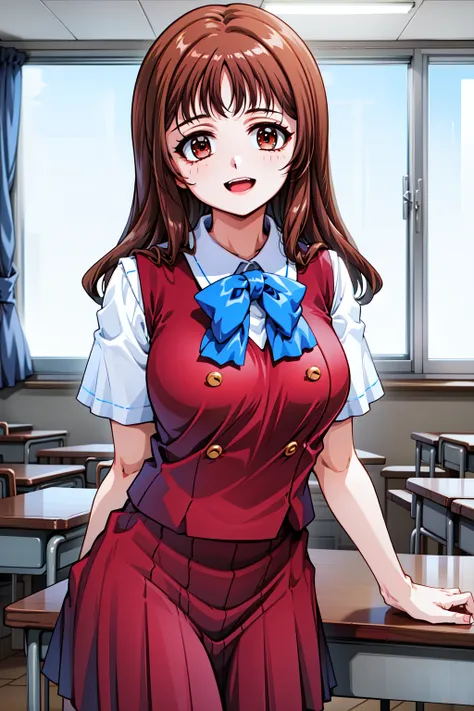 1girl, cowboy shot, classroom, smile, open mouth, 
sendou_asuka, brown eyes, brown hair, long hair, blue bow, school uniform, short sleeves, vest, red skirt, <lora:sendou_asuka_lora_ver1:0.7>, best quality, masterpiece, highres, <lora:GoodHands-vanilla:1>