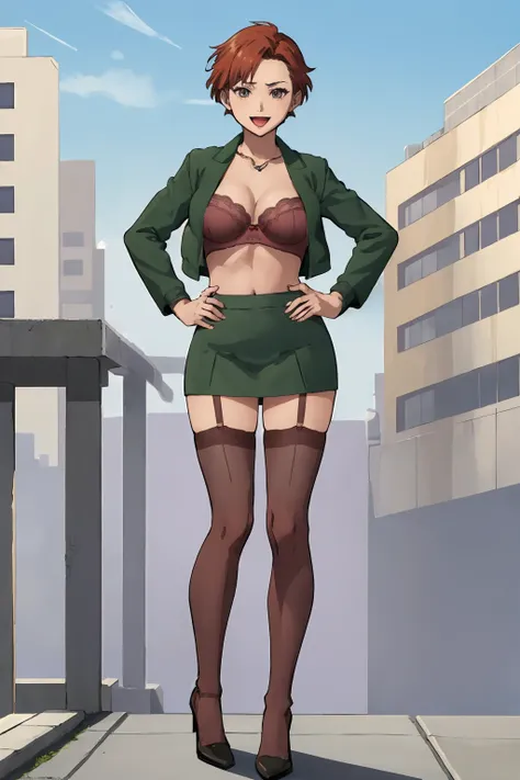 (masterpiece,best quality:1.2),1girl,mistygtaiii,standing,full body,bra,jacket,pencil skirt,thighhighs,zetta ryuoiki,short hair,high heels,looking at viewer,straight on,happy,:d,outdoors,in city,concrete,art deco, <lora:LORA-XenoDetailer-v2:0.1>, <lora:Mis...