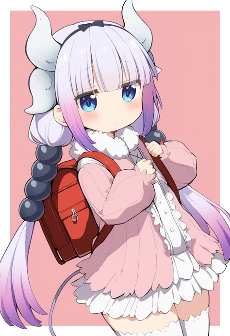 1girl, kanna kamui, backpack, bag, beads, blue eyes, blush, border, closed mouth, cowboy shot, dragon girl, dragon horns, dragon tail, dress, fur trim, hair beads, hair ornament, holding strap, horns, koharu hako, long hair, long sleeves, low twintails, ou...