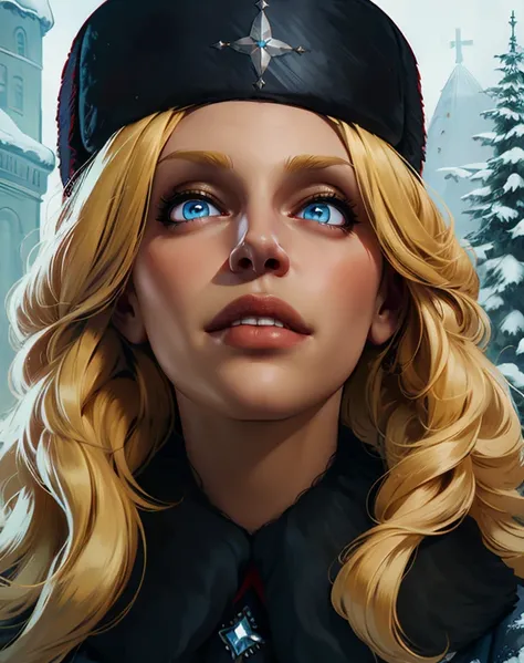 kolin,blonde hair,blue eyes,long hair,
ushanka,coat,fur trim,
russia,snow,base,smile,
(insanely detailed, beautiful detailed face, masterpiece, best quality),solo,<lora:kolin:0.8>,