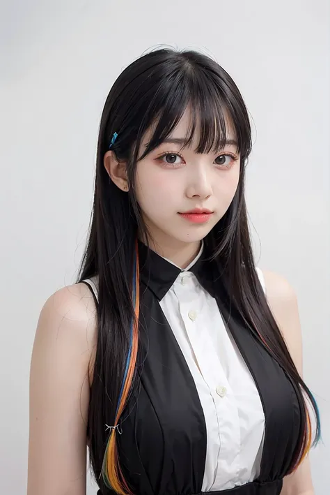 1girl, multi-colored hair with bangs, black formal long dress, white background, <lora:highsstn-02:1>