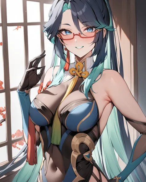 masterpiece, best qualityï¼  <lora:liuyun:1>ï¼1girl, breasts, blue_eyes, glasses, long_hair, solo, looking_at_viewer, smile, black_hair, gloves, semi-rimless_eyewear, hair_ornament, covered_navel, red-framed_eyewear,  blue_hair, multicolored_hair, bangs,...