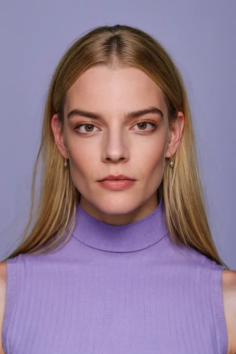 portrait, 1girl, blonde woman in purple sleeveless turtleneck, simple background, soft colors, masterpiece, high quality, (high detailed skin:1.1)
<lora:anya_taylor_joy_lora_v01:1> anya96