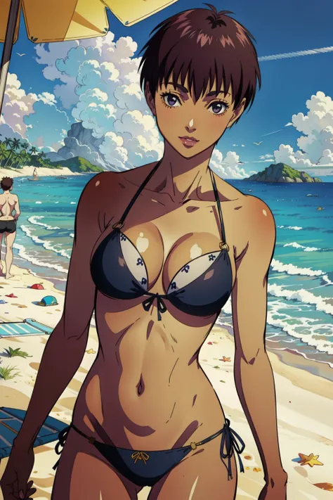 (best quality:1.3),  (masterpiece:1.3)   1girl, <lora:casca-10:0.8> casca,  dark skin, beach, light smile, bikini,