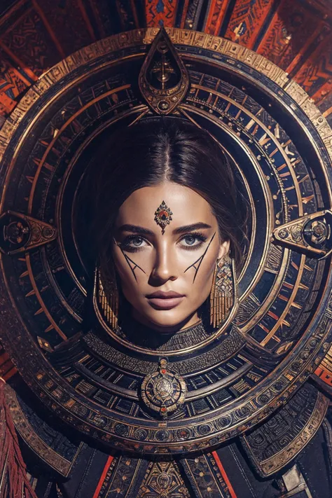 Portrait of an Aztec Alien Astrolabe made with large feathers, made from futuristic Motorcycle machinisms, intricate pistons and glass shell, contrasty, rich color palette, in the style of Roberto Ferri and Artgerm and Rutkowski, cinematic lighting, photor...