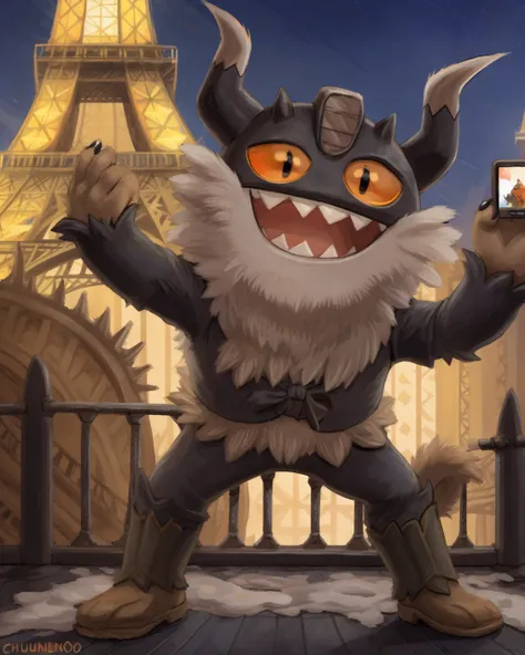 by tohfu,digital painting,extreme detail,by chunie,by kenket,by mindkog, (feral perrserker) is taking a photo in front of the eiffel tower. he is wearing a fancy suit, open mouth, france, paris, winter, orange sclera, smile, 
 <lora:Perr-23:0.9>