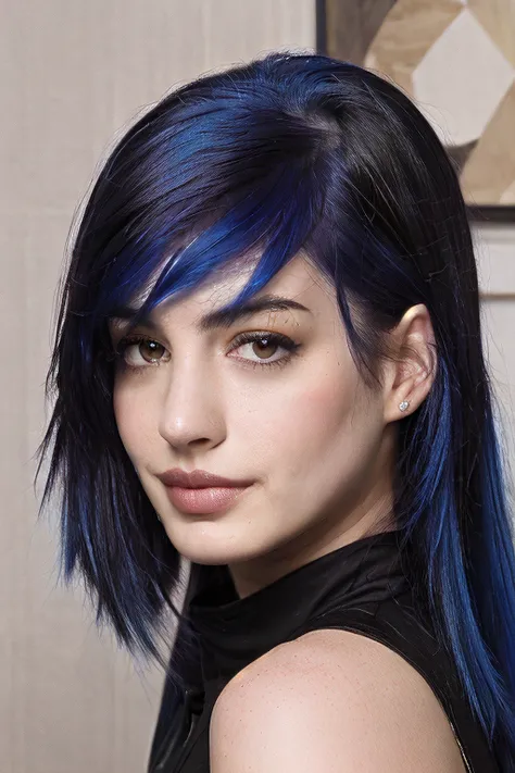 4nn3h,1girl, face, multi-colored hair, blue and black hair, photoshoot