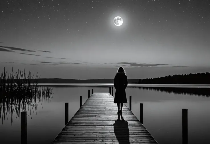 film noir style Set against a vast, inky sky, a woman, poised and self-assured, turned away and looking away, sit on the edge of a wooden dock, a placid lake mirrors the enormous full harvest moon at twilight, blooming lotuses, vibrant hues contrast agains...