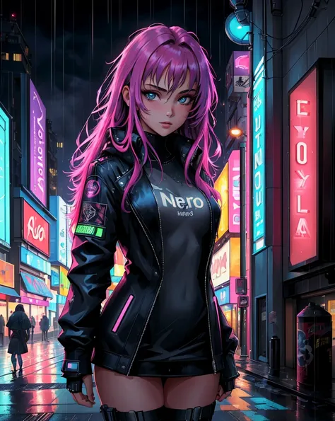 masterpiece, best quality, portrait of a 18yo woman ,  (neon lights rain streets cyberpunk cityscape:1.1) ,  color photo, cinematic, cinematic lighting, eccentric inventory, anime, gorgeous 18-year-old woman, perfect eyes, graceful, landscape shot,  upper ...