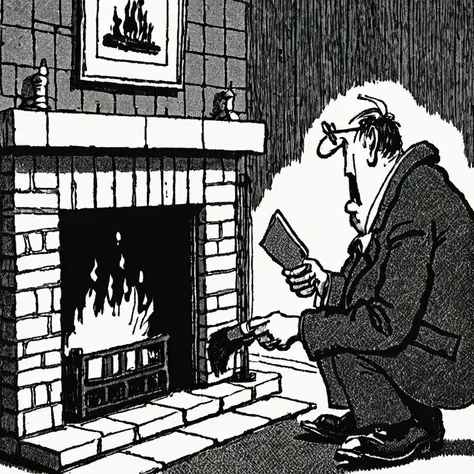 a black and white newspaper comic illustration of Herman, a fireplace  by Jim Unger <lora:Herman_Style_XL:1>