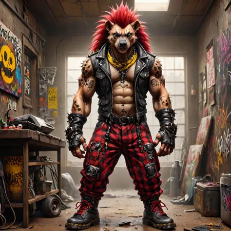 anthro muscular,madpunk,an hyena punk standing ,mohawk red hair,bald,tattoo,piercing,plug,plaid pants,black doc martins with yellow laces,in a disinfected shed with graffiti.