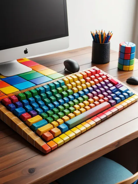 Computer with mad_colorful_checkers keyboard on wooden desk in office <lora:Colorful_Checker_SDXL:0.8>, (masterpiece:1.2), best quality