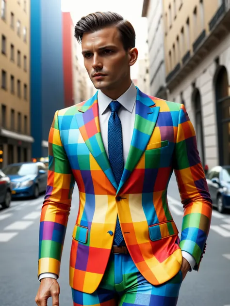 man wearing a mad_colorful_checkers suit, city <lora:Colorful_Checker_SDXL:0.8>, (masterpiece:1.2), best quality