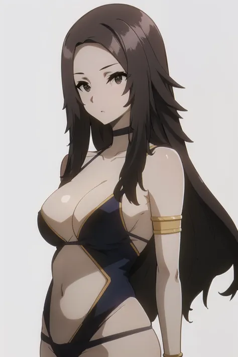 <lora:Nu_KNJ:1> nudef, brown hair, brown eyes, long hair, looking at viewer, solo, upper body, 
black one-piece swimsuit, cleavage, armlet, navel, one-piece swimsuit, swimsuit, arms at sides, white background, simple background,