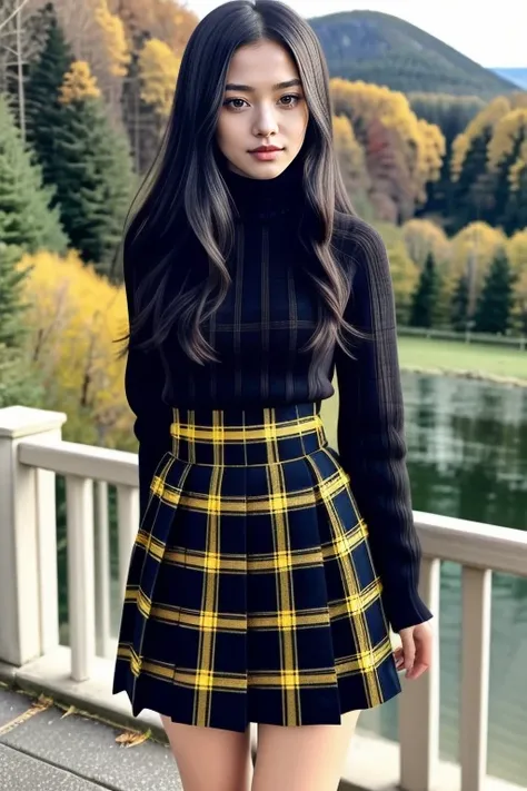 1 woman, 22yo, realistic, masterpiece, high detailed skin, looking at viewer, full body shot, scenic view, long hair, black hair
yellow plaid pleated miniskirt, yellow turtle neck sweater <lora:Yellow_Sweater_Skirt_By_Stable_Yogi:1>