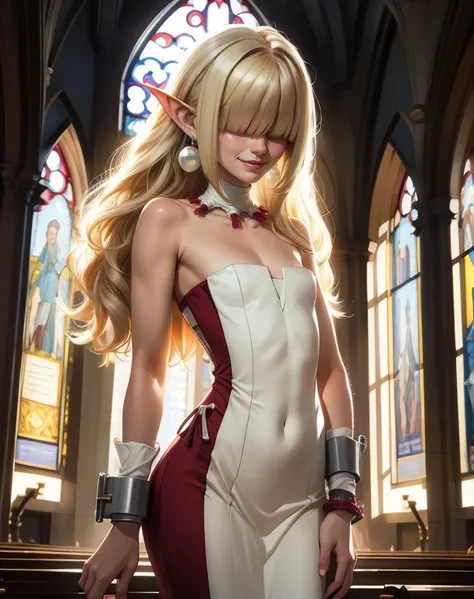 Clergy,pointy ears,hair over eyes,blonde hair,flat chest,smile,long hair,
bare shoulders,white strapless dress,pearl earrings,wrist cuffs,wristband,neck brace,
standing,hips,
church,underworld,
(insanely detailed, beautiful detailed face, masterpiece, best...