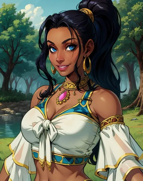 pullum,blue eyes,black hair,ponytail,looking at viewer,
jewerly,detached sleeves,earrings,white top,navel,smile,
standing,upper body,necklace,
outdoors,
(insanely detailed, beautiful detailed face, masterpiece, best quality),solo,<lora:pullumpurna:0.8>,