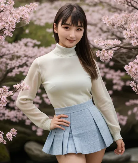 <m1sk0>, woman, nature asian, upper body, Flowering, intricate, skirt, (Japanese dress, turtleneck), close portrait photo, smile