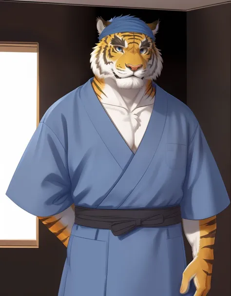 (((detailed eyes, detailed face))), (furry, mototora <lora:character_mototora_findigo_v3+1:1>, white hair, facial hair, thick eyebrows, old man), male, (solo), (plump), (blue kimono, blue headband, blue hakama), standing, (arms behind back), smile BREAK (k...