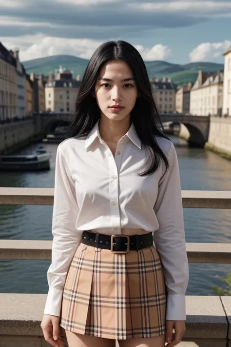 1 woman, 22yo, realistic, masterpiece, high detailed skin, looking at viewer, full body shot, scenic view, long hair, black hair
<lora:Burberry_Shirt_Skirt_By_Stable_Yogi:0.8> burberry plaid, skirt, belt, white shirt