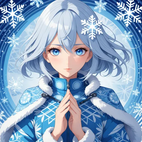 anime artwork illustration of  a 35 year old woman with snow-inspired macroscopic patterns. bright blue eyes. Highlight concentric circles, dendritic, and lattice patterns in her clothing and background, using a wintry palette of blues, whites, and silvers...